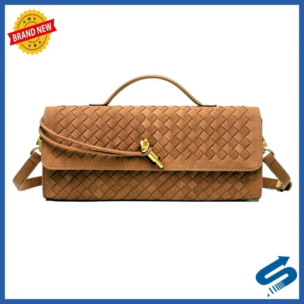 Suede Woven Clutch Evening Bag Elegant Minimal Chic Crossbody Shoulder Purse